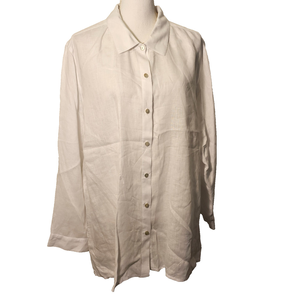 J.Jill Love Linen Womens White 100% Linen Button Up Long Sleeve Shirt Plus 3X